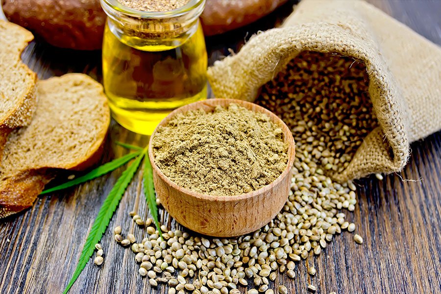 hemp grain products including bread, oil, seeds and flour